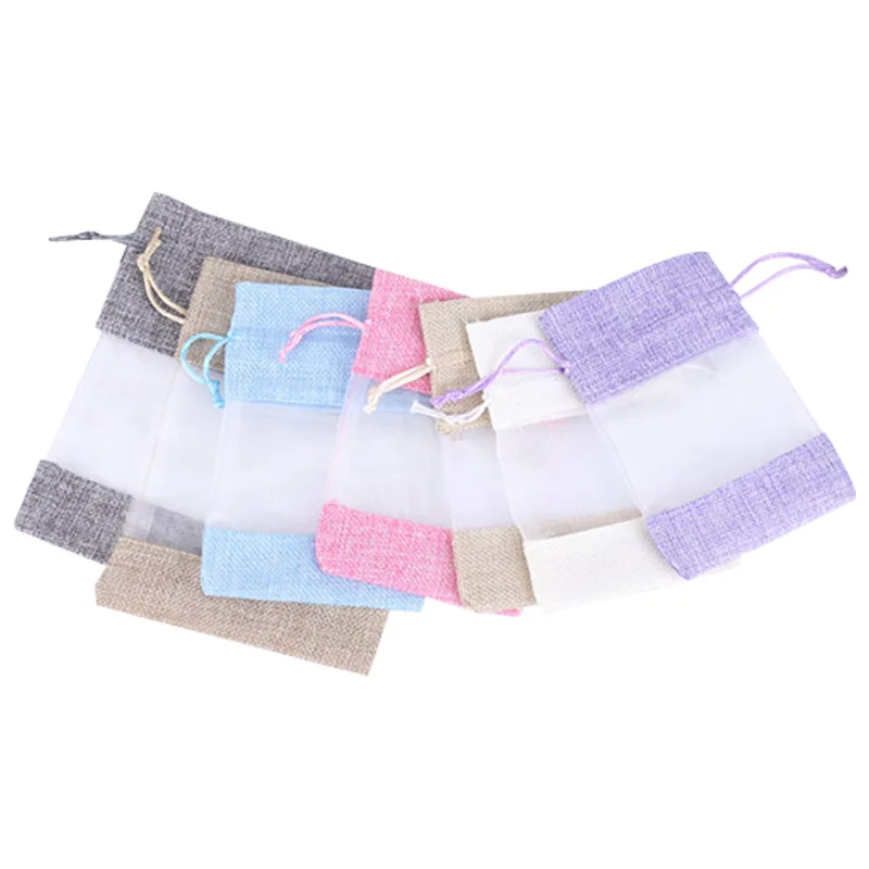 Window Clear Gift Candy Bag Hessian Burlap Drawstring Pouch Jewelry Packaging Bags Wedding Party Decoration Jute Gift Bag