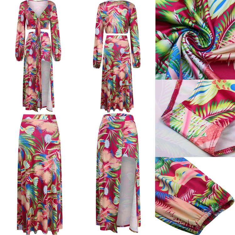 
2021 Hot Solid Color Sleeve V-Neck Print Big Swing Long Sleeve Swimwear & Beachwear Two Pieces Swimming Set Women Girls Bikini 