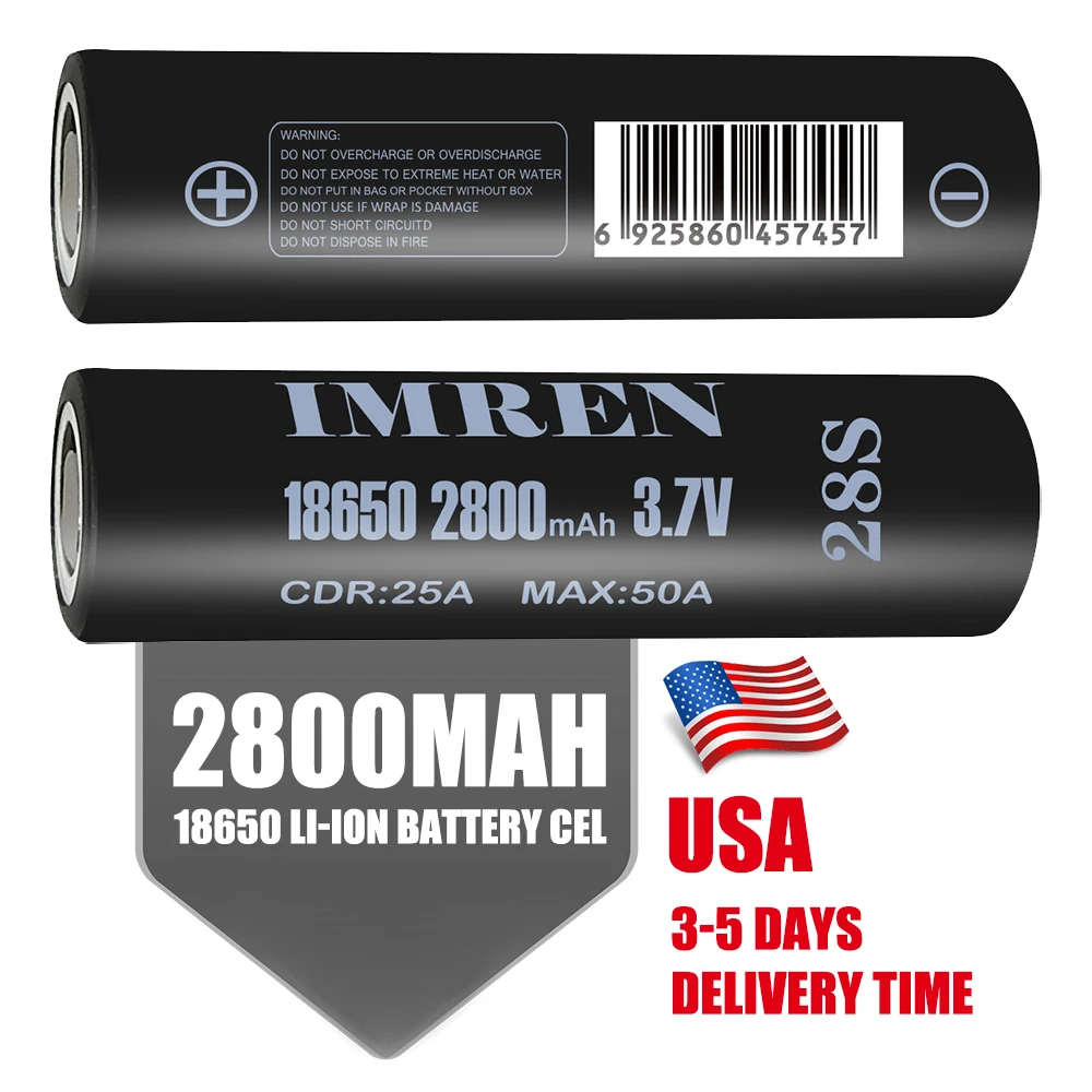 High Capacity IMREN 18650 3.7v 2800mah 25A Black Lithium Battery for Ebike power tools toy battery