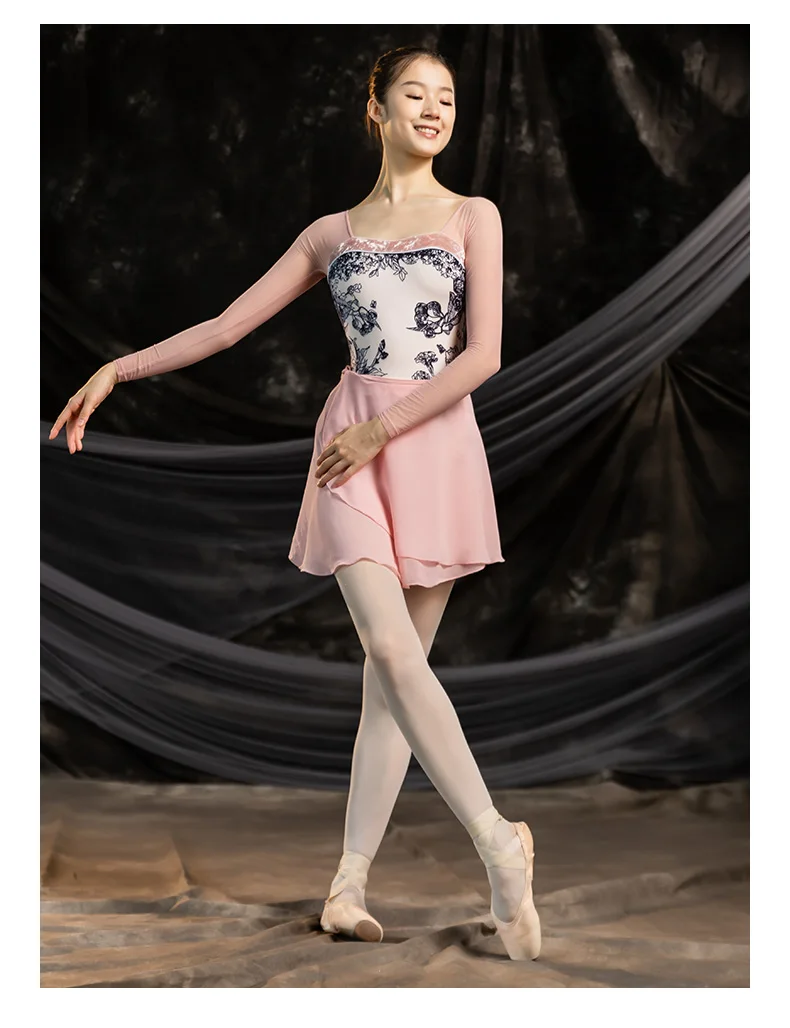 Fashionable Embroidery Selected Mesh Fabric Leotards Breathable Gymnastic Long Sleeves Leotards Dance Wear Training Bodysuit