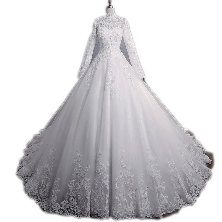 Lace Stand Collar With Large Tail Muslim Wedding Dress Bridal Gowns Elegant Muslims Wedding Gowns Modest Wedding Dress