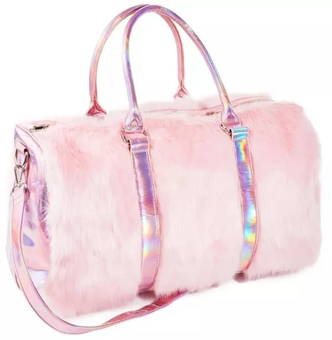 Fashion weekend overnight pink travel duffel tote Holographic laser plush shoulder purse luxury Fur hand bags for women