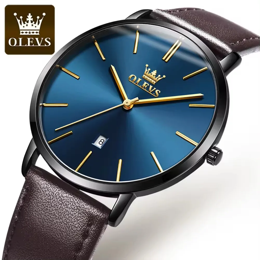 Cheap OLEVS 5869 Men Quartz Sport Minimalist Watches Week Date Chronograph Fashion Leather Strap Watch For Male