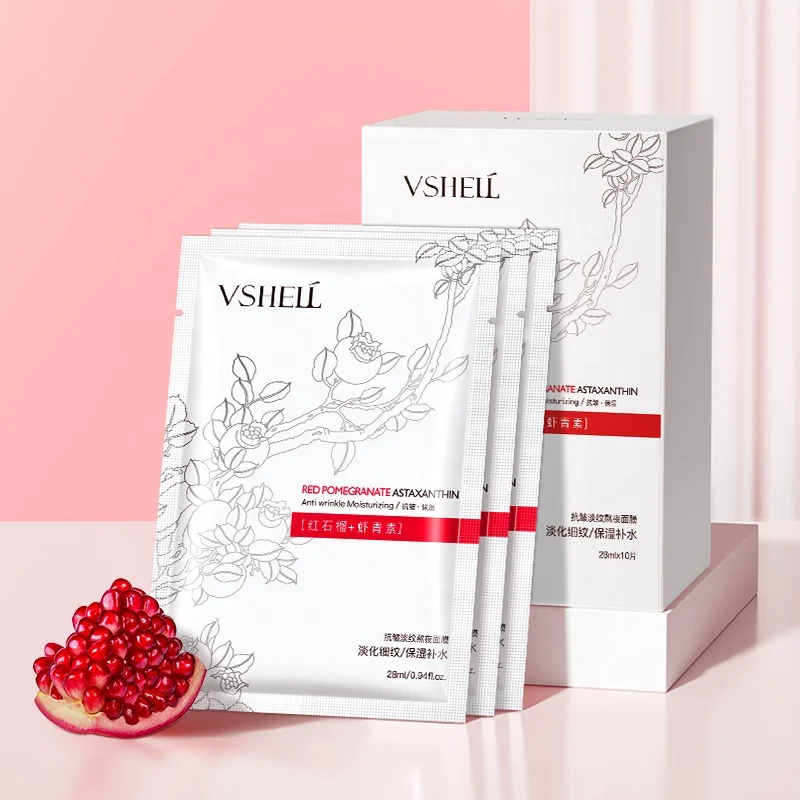 OEM Astaxanthin Pomegranate Face Mask 10 Pack  Facial Mask Rejuvenates Skin with Plant Extracts Vegan Facial Skincare Sheet