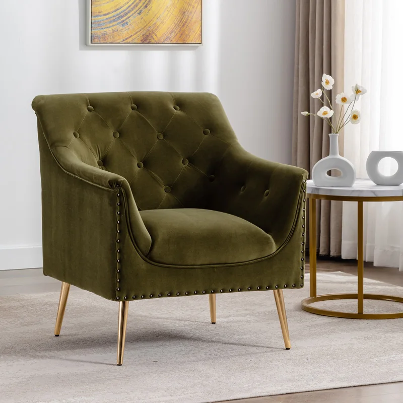Single olive velvet nailhead tufted  light luxury arm chair for living room