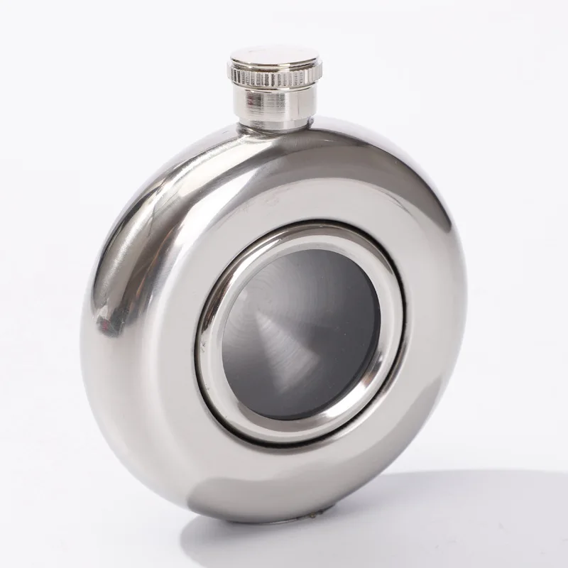 Custom 5oz Stainless Steel Hip Flask Classic Round Wine Whisky Bottle Outdoor Portable Hip Flask With Transparent Glass Window