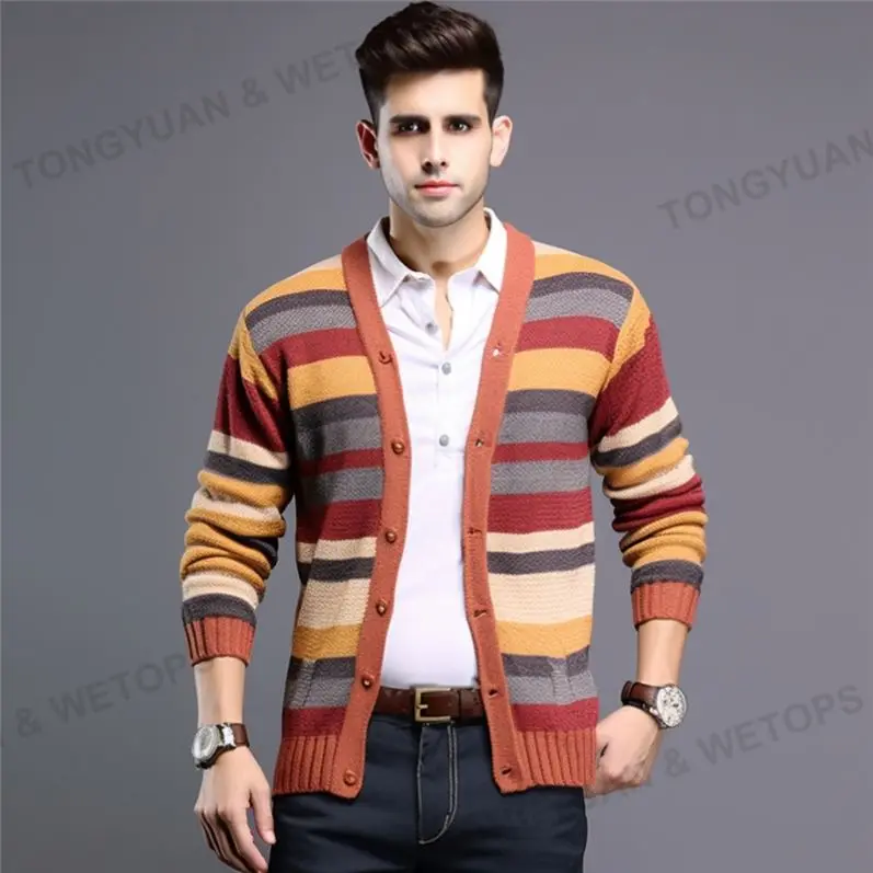 2024 OEM и ODM производитель одежды вязаный свитер новый дизайн мужской трикотаж полосатый хлопковый школьный кардиган свитер