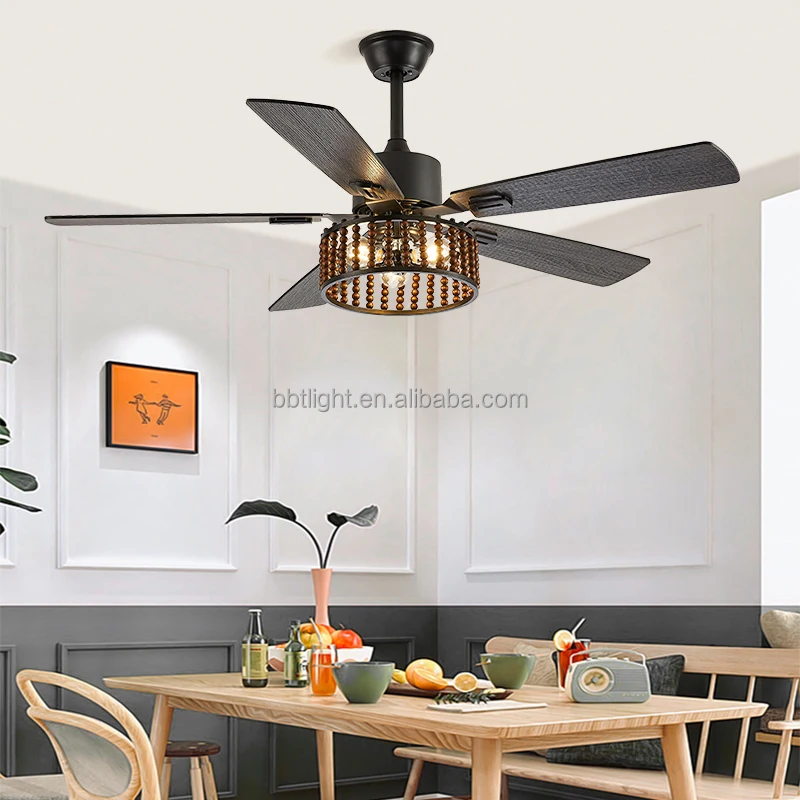 European style big wind fan light wooden leaf retro home with light remote control inverter ceiling fan