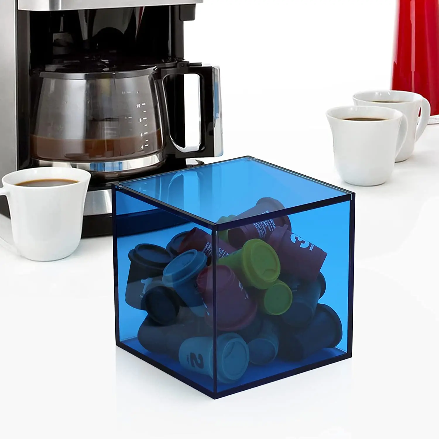 Space saving designer blue acrylic coffee capsule holder storage box coffee pod organizer with lid