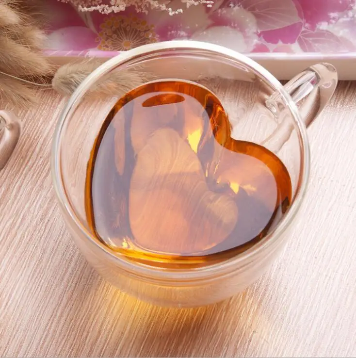 
O351 180ml/240ml Love Double Wall Resistant Tea Beer Glasses Couple Cups Lemon Juice Cup Heart Shaped Glass Mug 