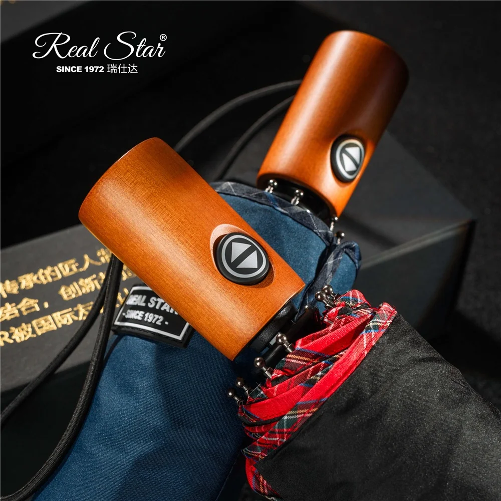 RST Real Star 23 inches big size 10 ribs high quality wood handle auto open and close 3 fold umbrella