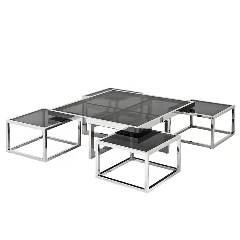 5 Pces Of Set Modern 1+4 Coffee Table Basse Gold Metal Stainless Steel Frame Living Room Furniture Square Glass Coffee Table Set