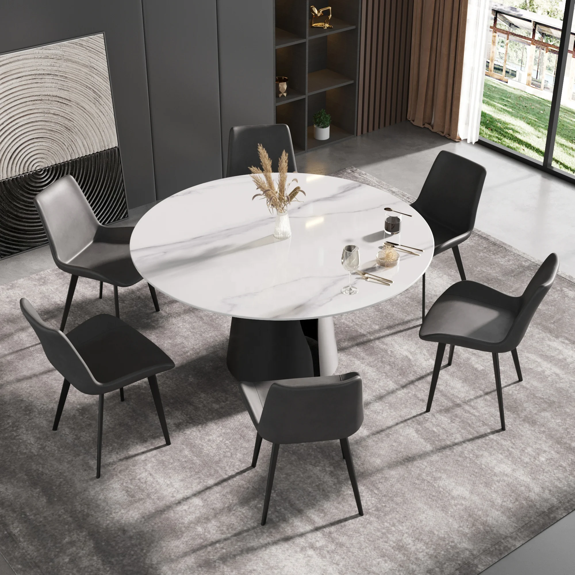 Round Sintered Stone Dining Table With Steel Based Family