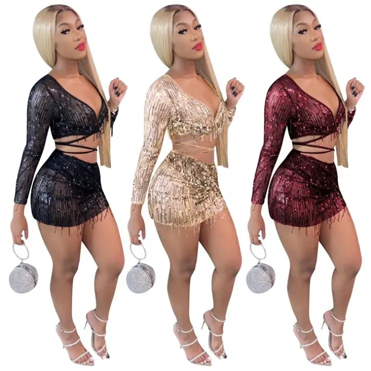 Wholesale Fashion Sexy Night Clubwear Mesh Perspective Bandage Sequin Tassel Women Two Piece Skirt Set Two Piece Women Sets