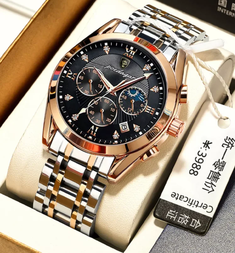 Poedagar Men Watches Luxury Minimalist Calendar Stainless Steel Waterproof Luminous Date Week Sport Wrist Watches Quartz Watches