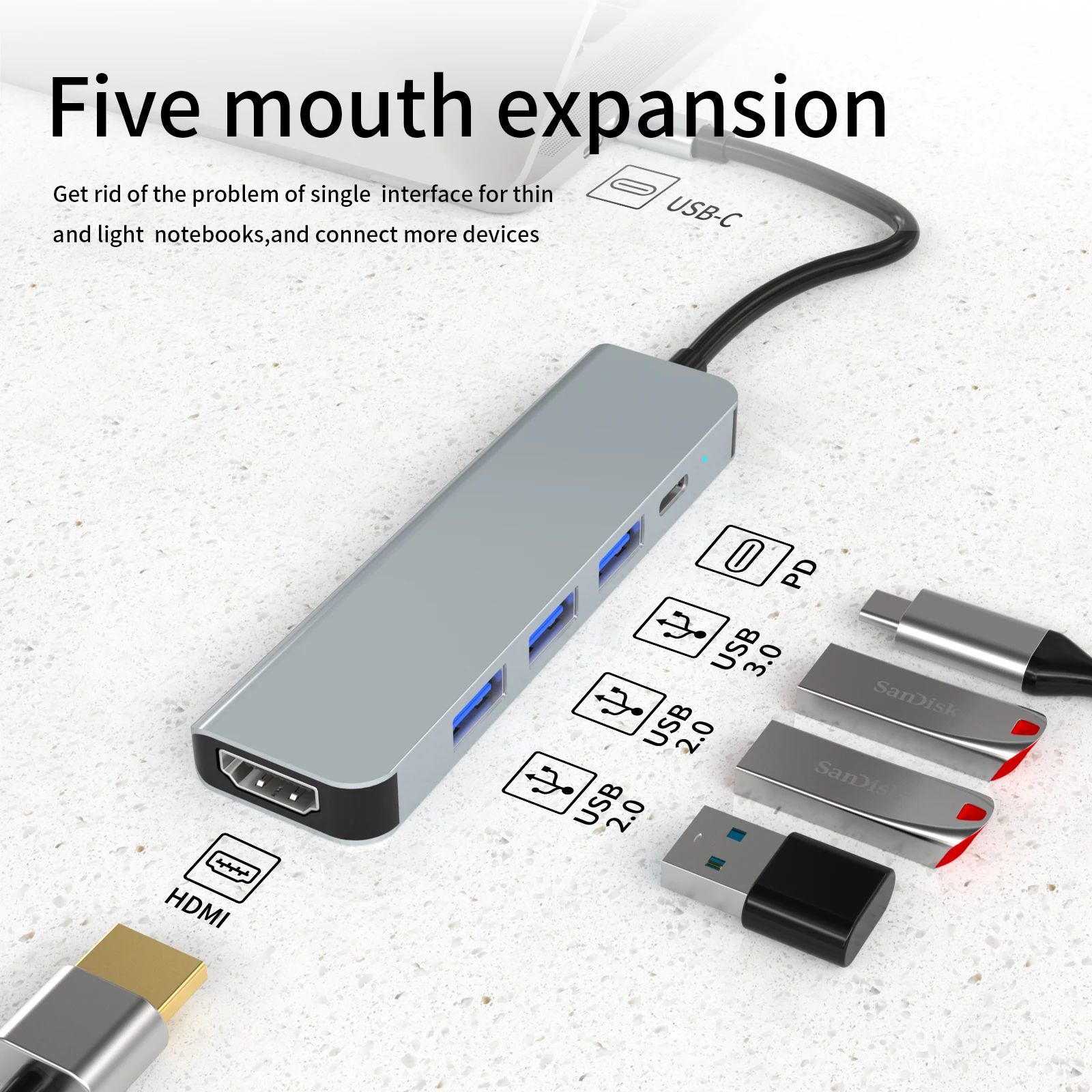 Концентратор usb тип c концентратор кабель с разъемами типа C и HD-MI 4K PD 87 Вт USB3.0 USB2.0 * 2 Портативный Hub 3