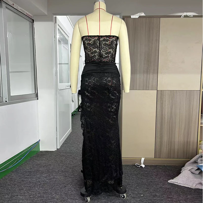 Channel 2024 Summer Sexy See Through 2 Piece Long Skirt Set For Women Floral Bandeau Strapless Lace Top Split Maxi Skirt Outfits