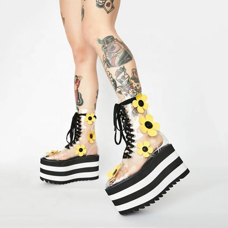 Transparent PVC Women Dress Shoes Sexy Platform Wedges Chunky Heel Flowers Pumps Lace Up High Heel Clear Women Ankle Boots