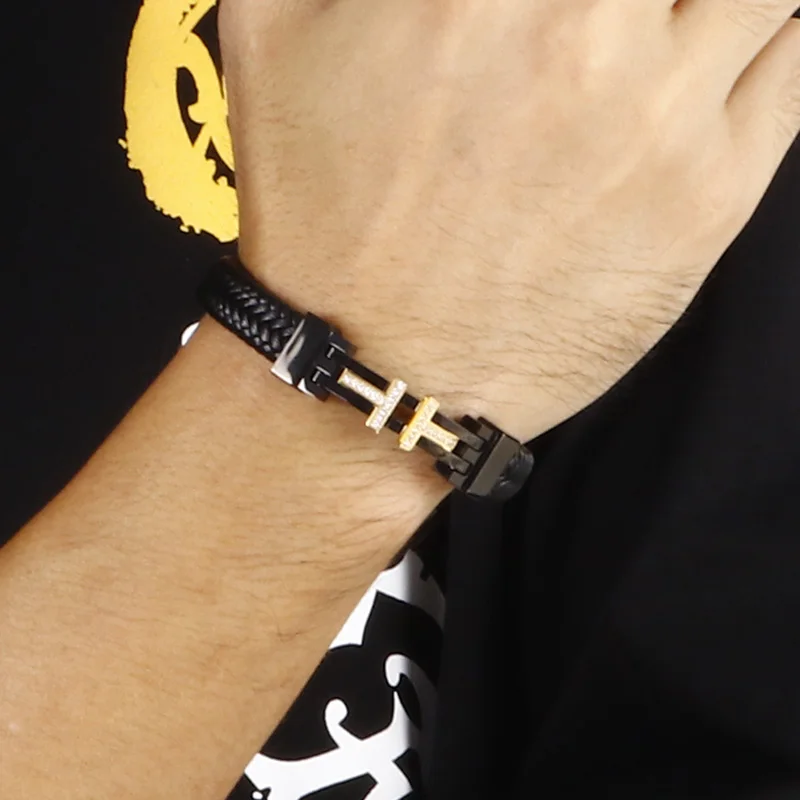 KALEN Gold Black Stainless Steel Zircon Cross Leather Bracelet