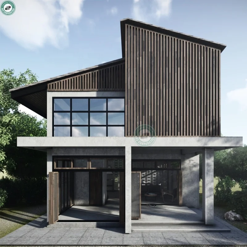 New Prefabricated Industrial Concrete House Decorated with Wood Louvres 2 Storey Modern House in Thailand
