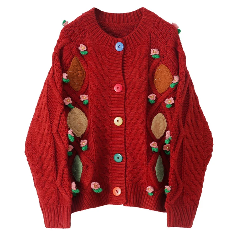 Custom Christmas Winter Pompom Hand Crochet Vintage Argyle Cable Knit Vintage Cardigan Sweater Women