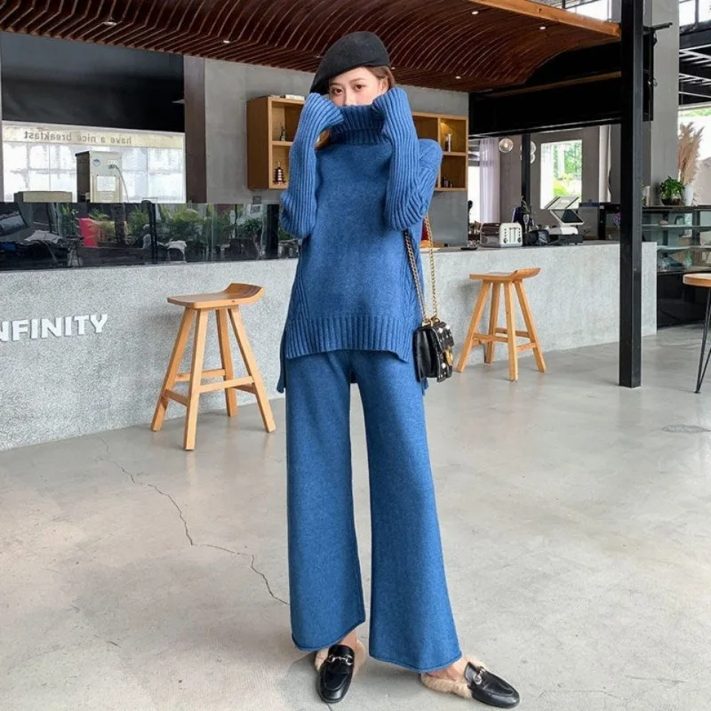 2021 High quality fashion 100%wool sweater knitted wide leg pants two-piece women sweater set