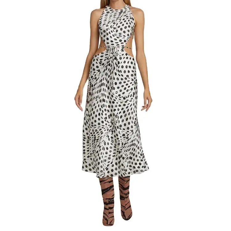 Summer Sleeveless Side Slit Sexy Stylish Casual Midi Elegant Oversize Polka Dots Dress For Women