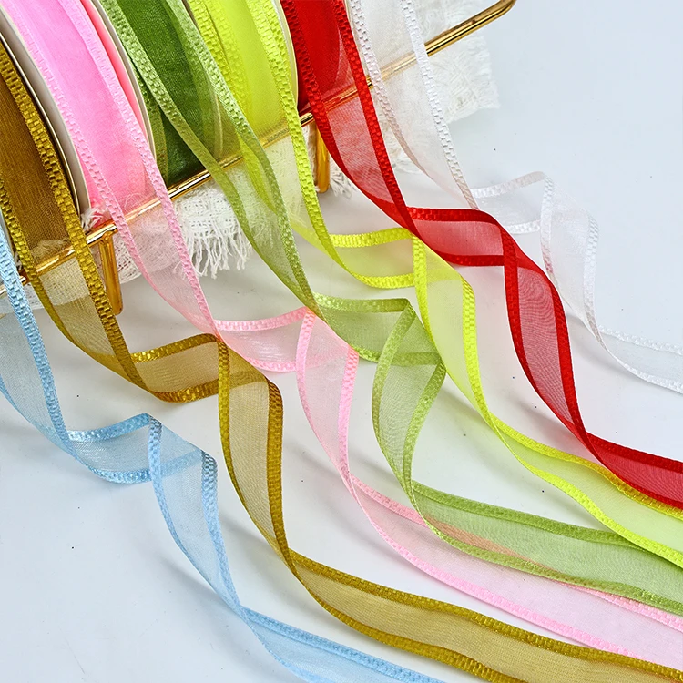 Yellow Plaid Edge Chiffon Ribbon 100% Polyester Embroidered Organza for Handmade Crafts and Wedding Decorations