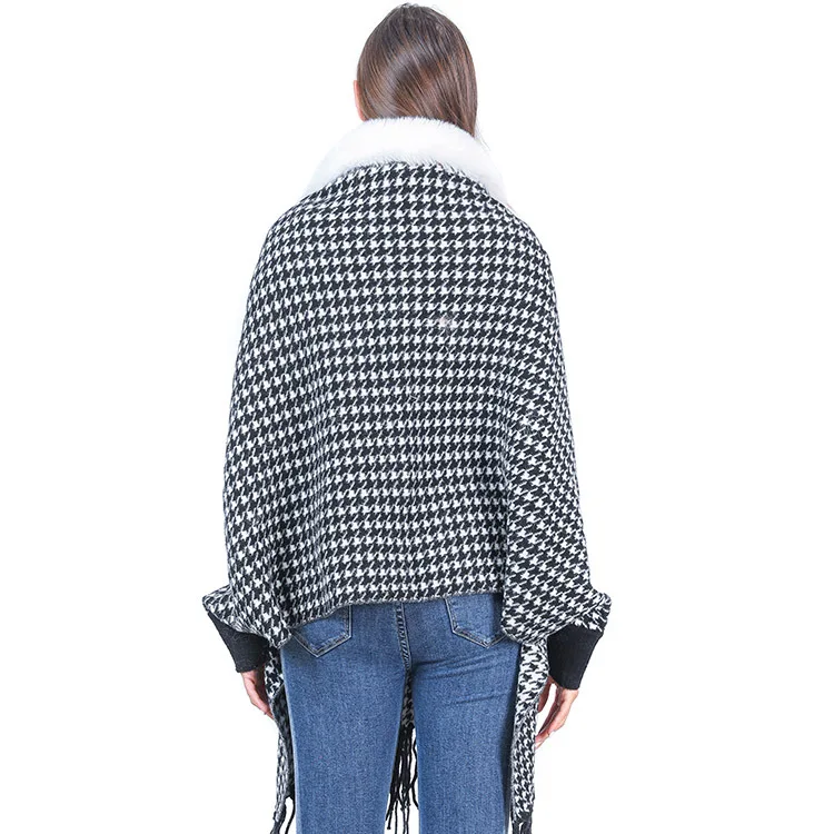 Luxury Winter Wool Collar Imitation Mink Shawl Long-sleeved Tassel Scarf Shawl Knitted Jacquard Cloak