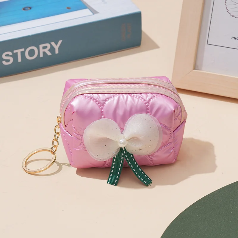 Popular Style Lipstick Storage Small Wallet Embossed Keychain Cute Bow Coin Purse with Keyrings