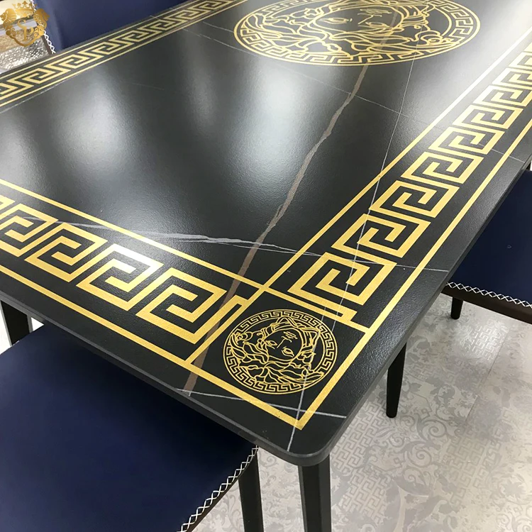 Extra large classic ornate black dining set tables slab 1800x900 top italian square gold luxury dining table set with 6 chairs