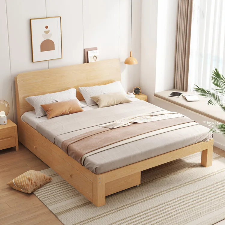 Factory Price Wooden Furniture Set Bedroom Modern Room solid Pine Double King bed with Drawer