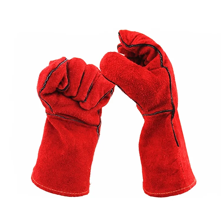 14' AB grade high temperature resistant  full finger red  safety welding gloves long leather work gloves
