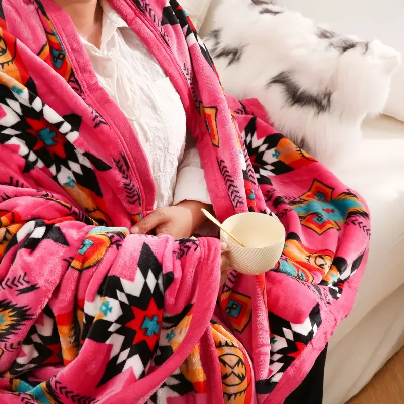 New Arrived Soft Cozy Boho Ethnic Style Printed Flannel Blanket Customized Polyester Fleece Throw Blanket For Winter