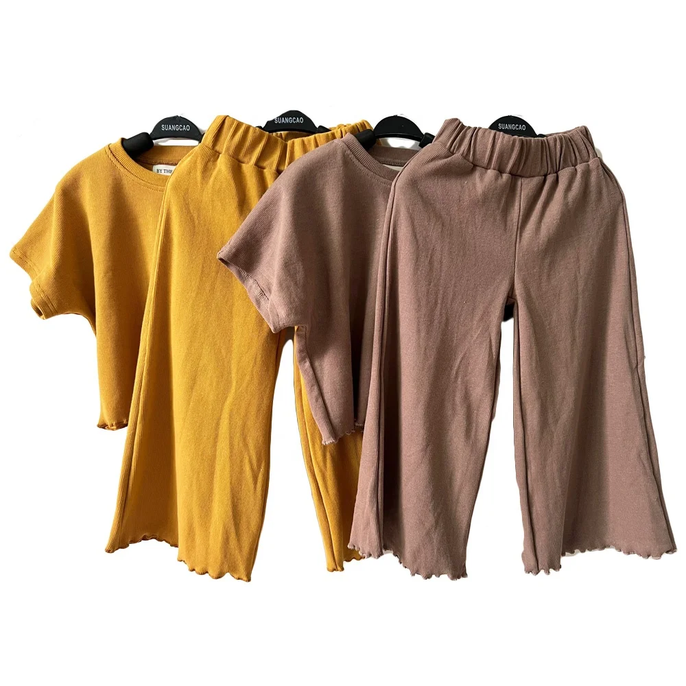 Custom girls kids 2 piece ribbed cotton set Cute girls summer clothing short sleeve top and wide leg pant set