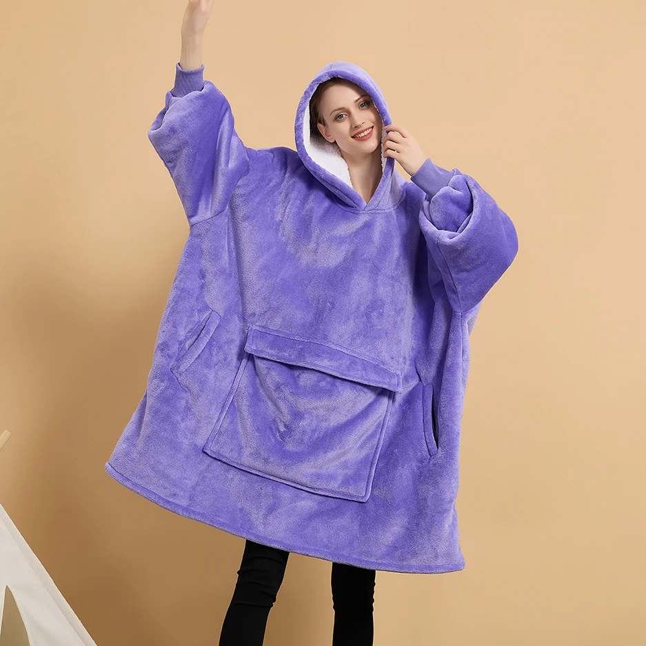 Factory oversized sherpa blanket with hood pocket and sleeves super soft warm fleece plush giant wearable blanket hoodie adult
