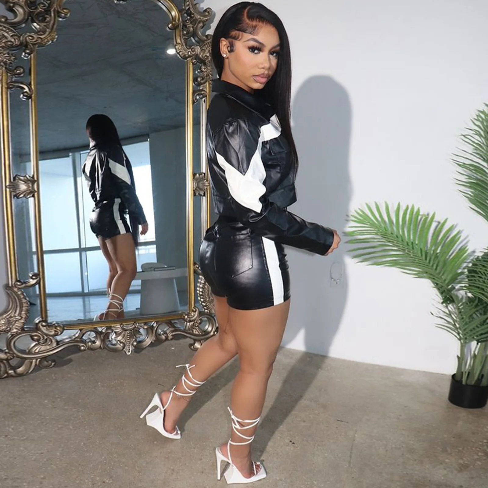 ZHEZHE Autumn Winter Clothing Boutique Leather Outfit Skinny Street Wear Pu Leather Cropped Jacket and Shorts Women 2 Piece Set