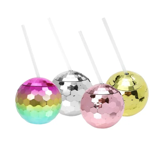 New Disco Ball Commemorative Cup Plastic Flash Ball Cocktail Cup Electroplated Disco Ball Drinking Cup with Lid Straw