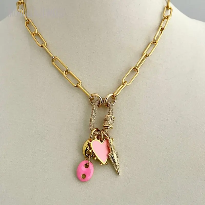 NM42693 Coffee Bean Arrowhead Heart Charm CZ Pendant Paperclip Chain Carabiner Screw Clasp Stainless Steel Necklace
