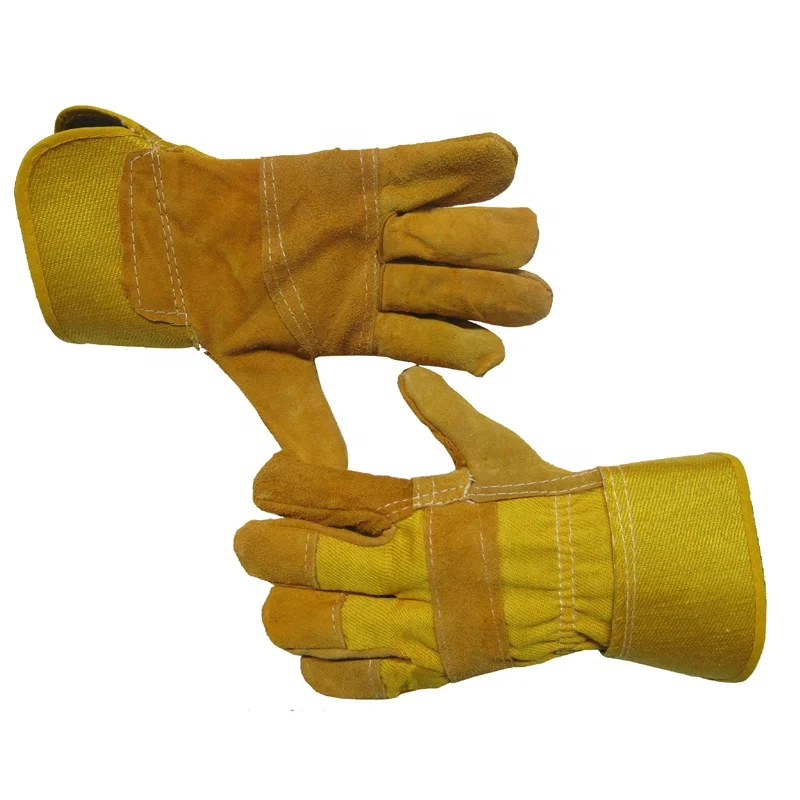 Yellow cow split leather Patch palm Yellow cotton drill back.Rubberized cuff.Half lining gloves luvas guantes Warehouse