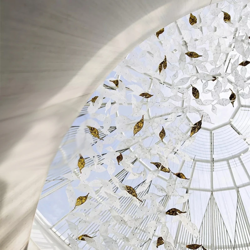  Hot Sale White and Gold Glass Leaf Chandelier Staircase Ceiling Lamps Crystal Led