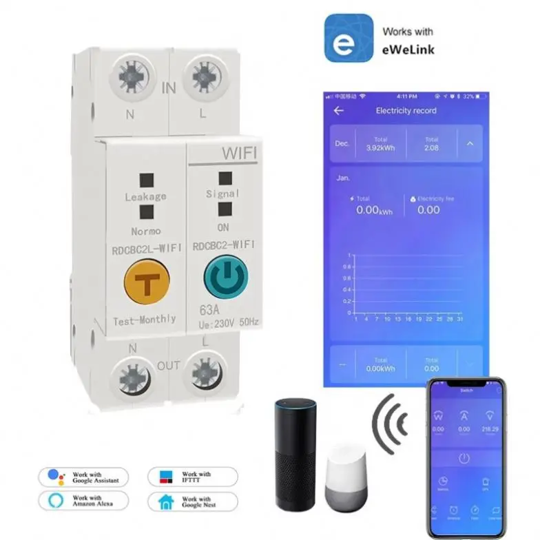 Ewelink 2P WiFi Smart Power Monitoring Circuit Breaker MCB Short-circuit Protection Leakage Protection 1-63A