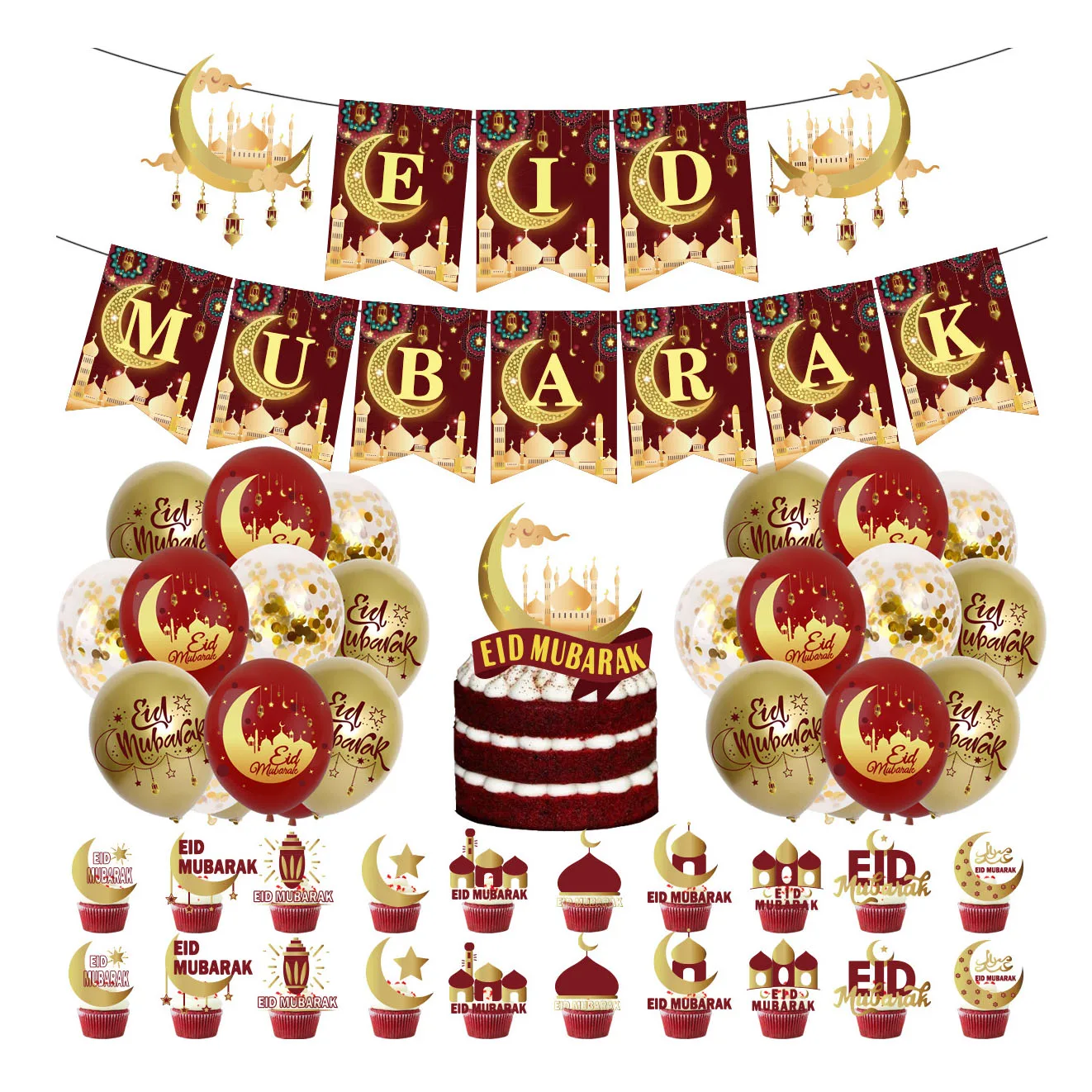 Partycool Ramadan Decorations Eid Mubarak Moon Foil Balloons Theme Islam Muslim House Home Wall Hanging Decor Banner Party Set