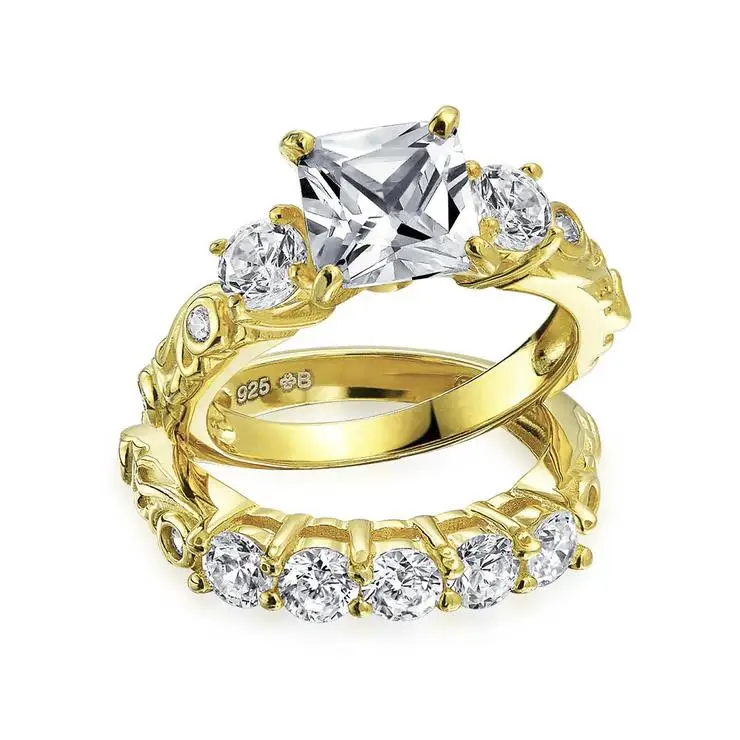 CZ Square Princess AA Engagement Wedding Ring Band Set Gold Plated