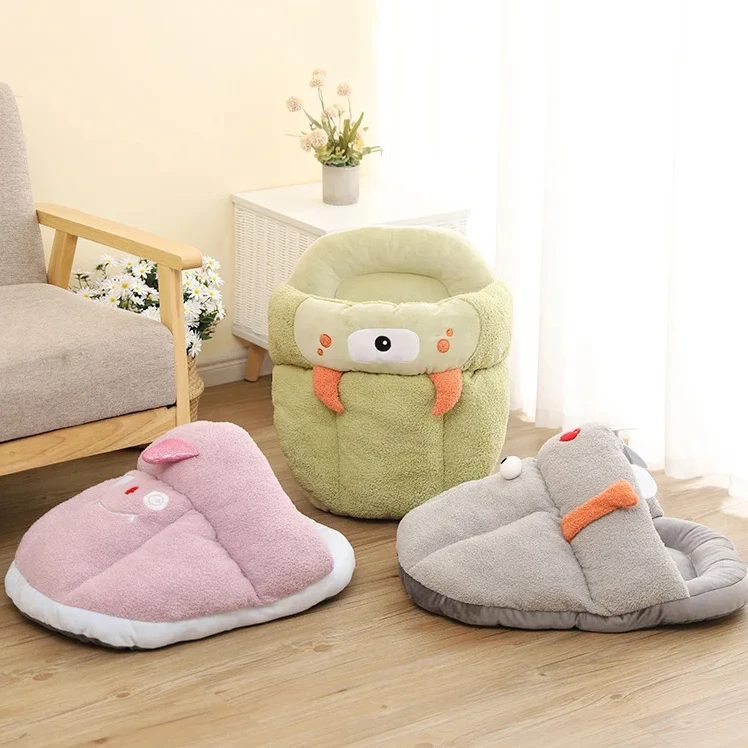 New Winter Slippers-Style Cartoon Monster Pet Bed, Playful Yurt Cat House, Comfortable and Warm Semi-Enclosed Pet Nest