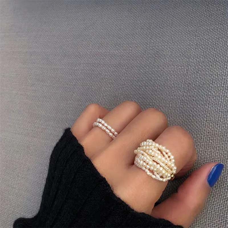 high quality women female personalized minimalist real seed beads baroque pearl ring gold multi layer layered pearl ring