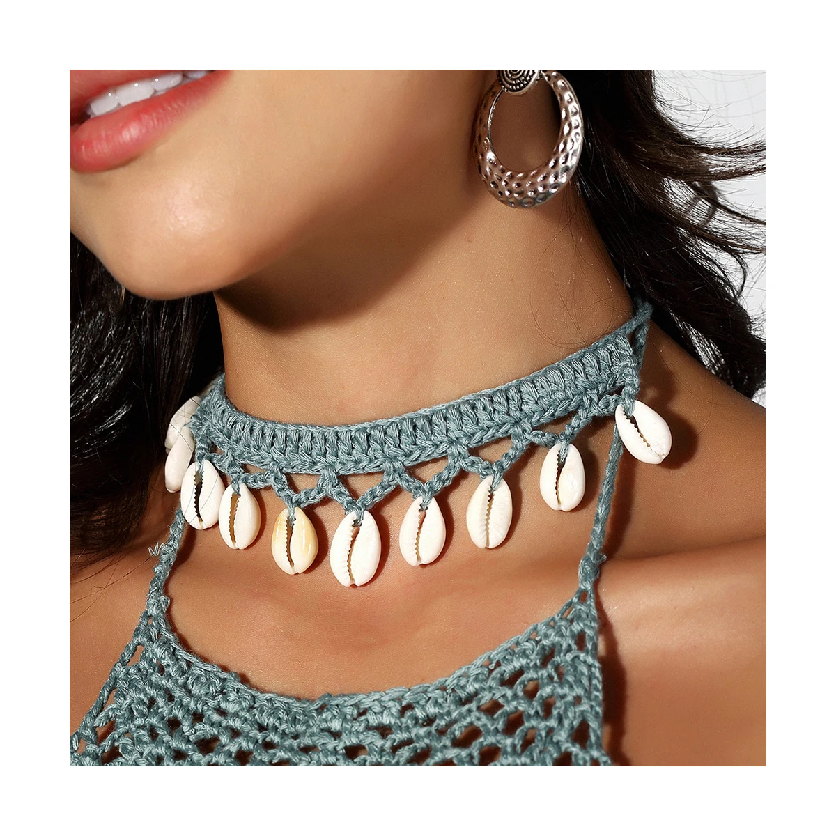 Hawaiian Jewelry Women Cotton Thread Braided Handmade Crochet Sea Shell Choker Necklaces Fashion Solid Color Boho Necklace