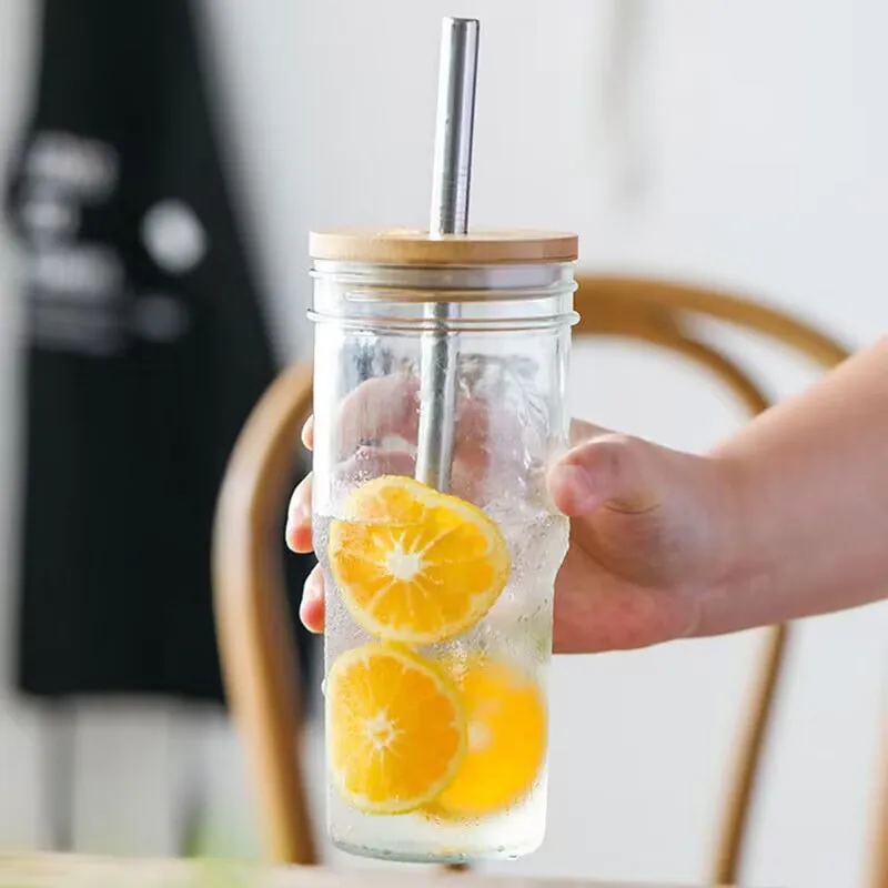 New Arrival 24oz clear frosted glass coffee beer Mug Cup with Bamboo Lids and plastic straw