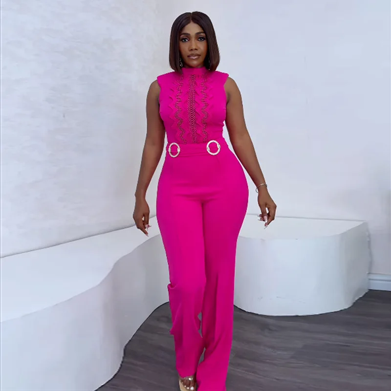 2024 Summer New Style Rose Sleeveless Lace Sleeveless Jumpsuit High Waist Wide Leg Pants Casual Elegant Two Piece Set