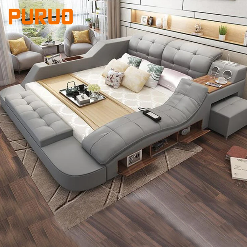 PURUO Luxury smart bed multifunction king size bed set sheet platform message bed with speaker